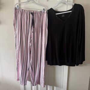 Charter Club Womens Intimates Sleepwear Black Top Pink Black Striped Pants 2X